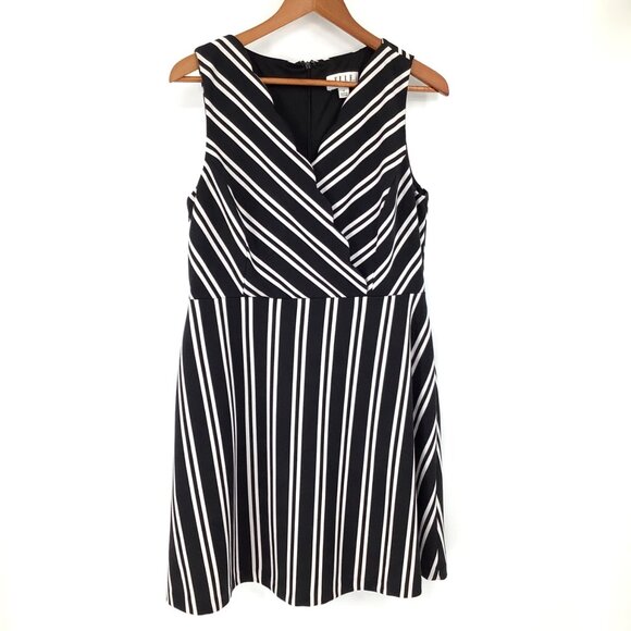 Elle Dresses & Skirts - Elle Womens Sleeveless Black & White Striped Fit & Flare Dress Size 12 Office